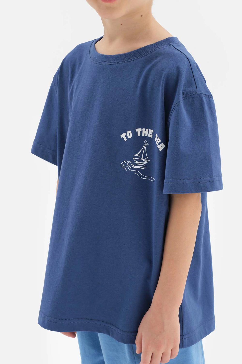 Mavi Slogan Detaylı Bisiklet Yaka Kısa Kollu Tişört Şort Pijama Takımı