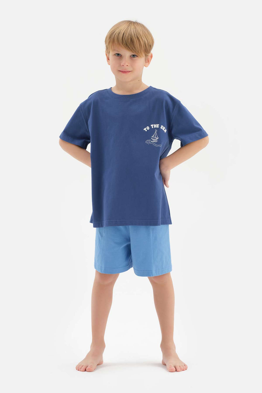 Mavi Slogan Detaylı Bisiklet Yaka Kısa Kollu Tişört Şort Pijama Takımı