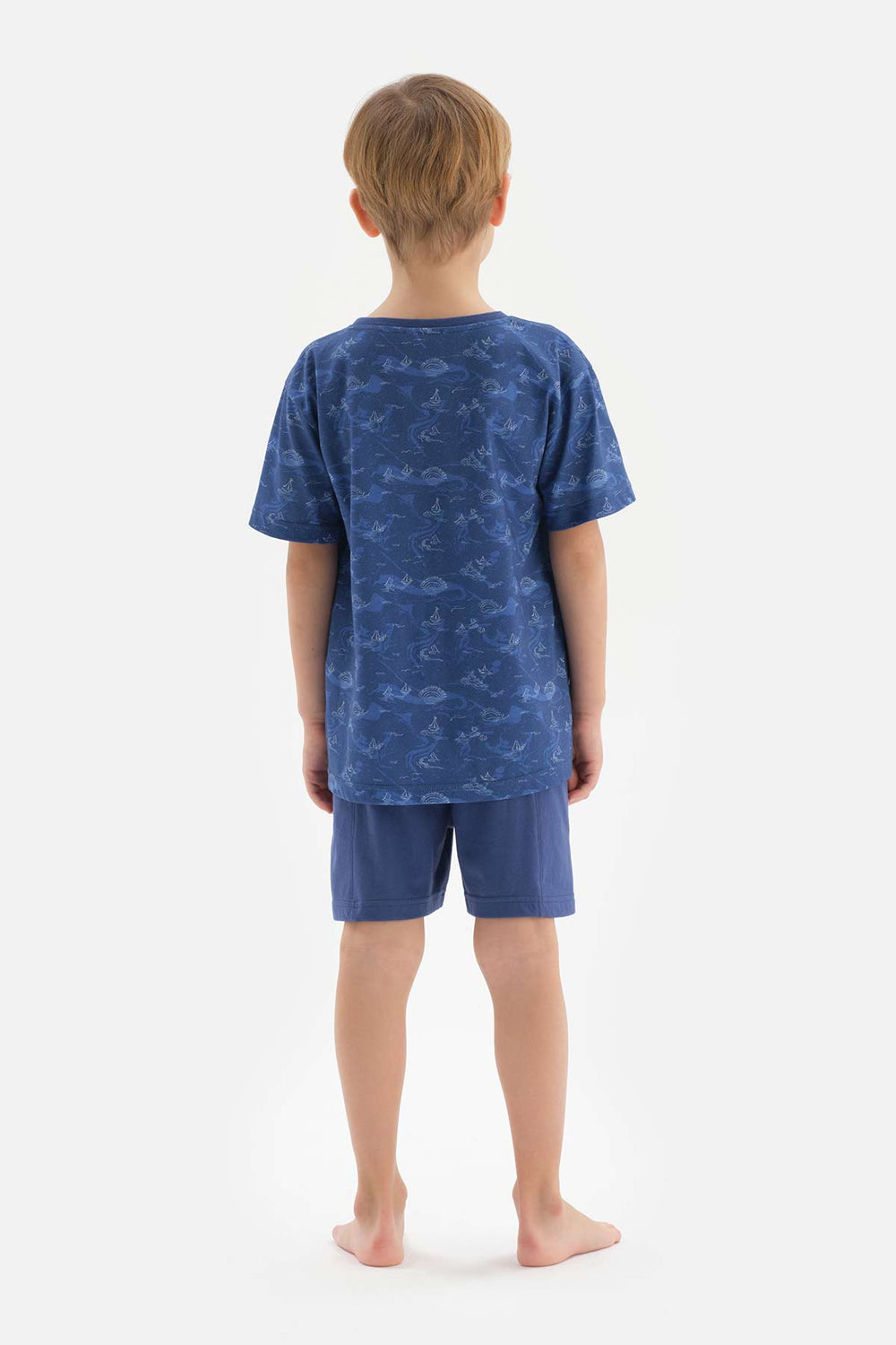 Lacivert Metraj Baskılı Cep Detaylı Şortlu Pijama Takımı