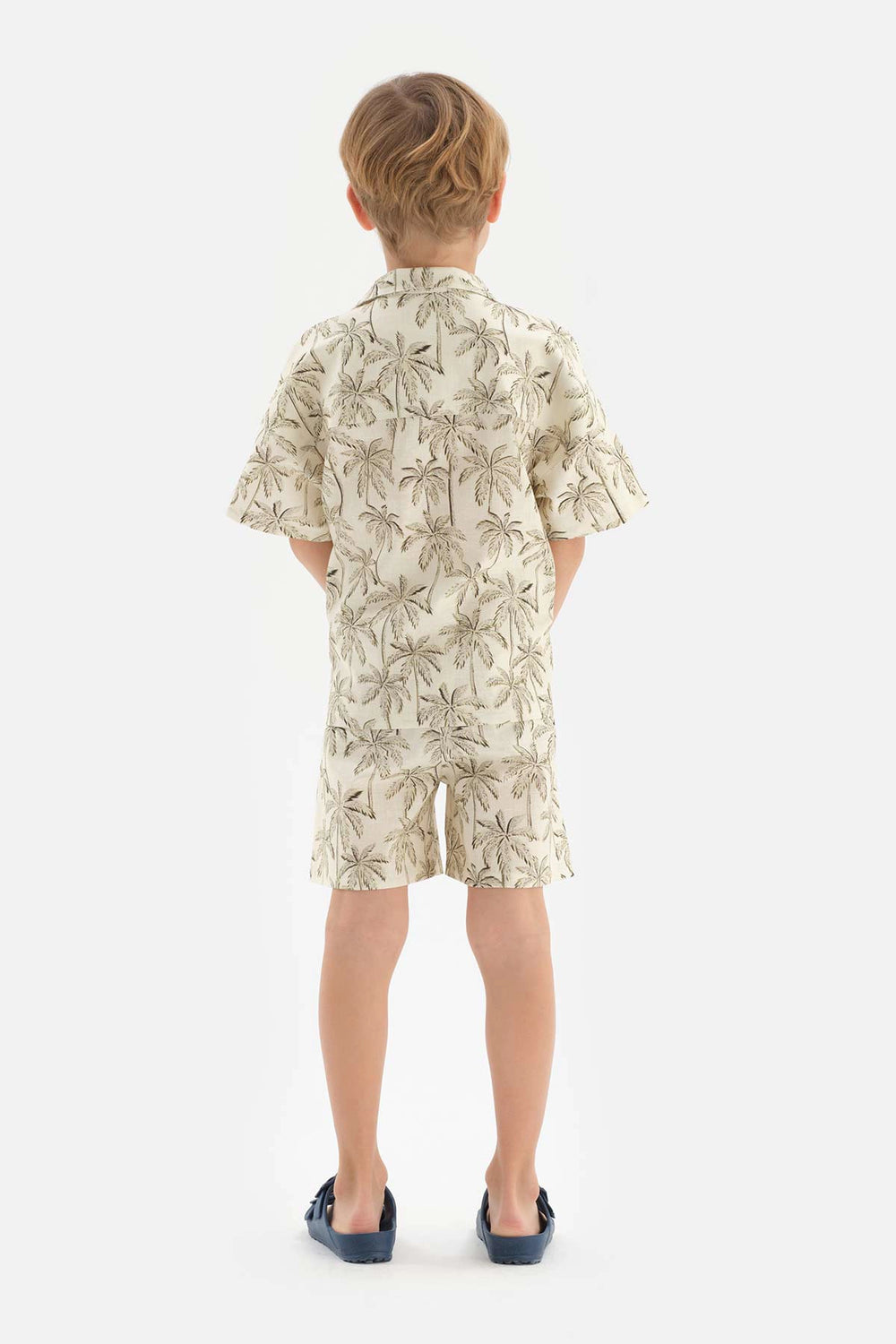 Bej Keten Palmiye Desenli Gömlek