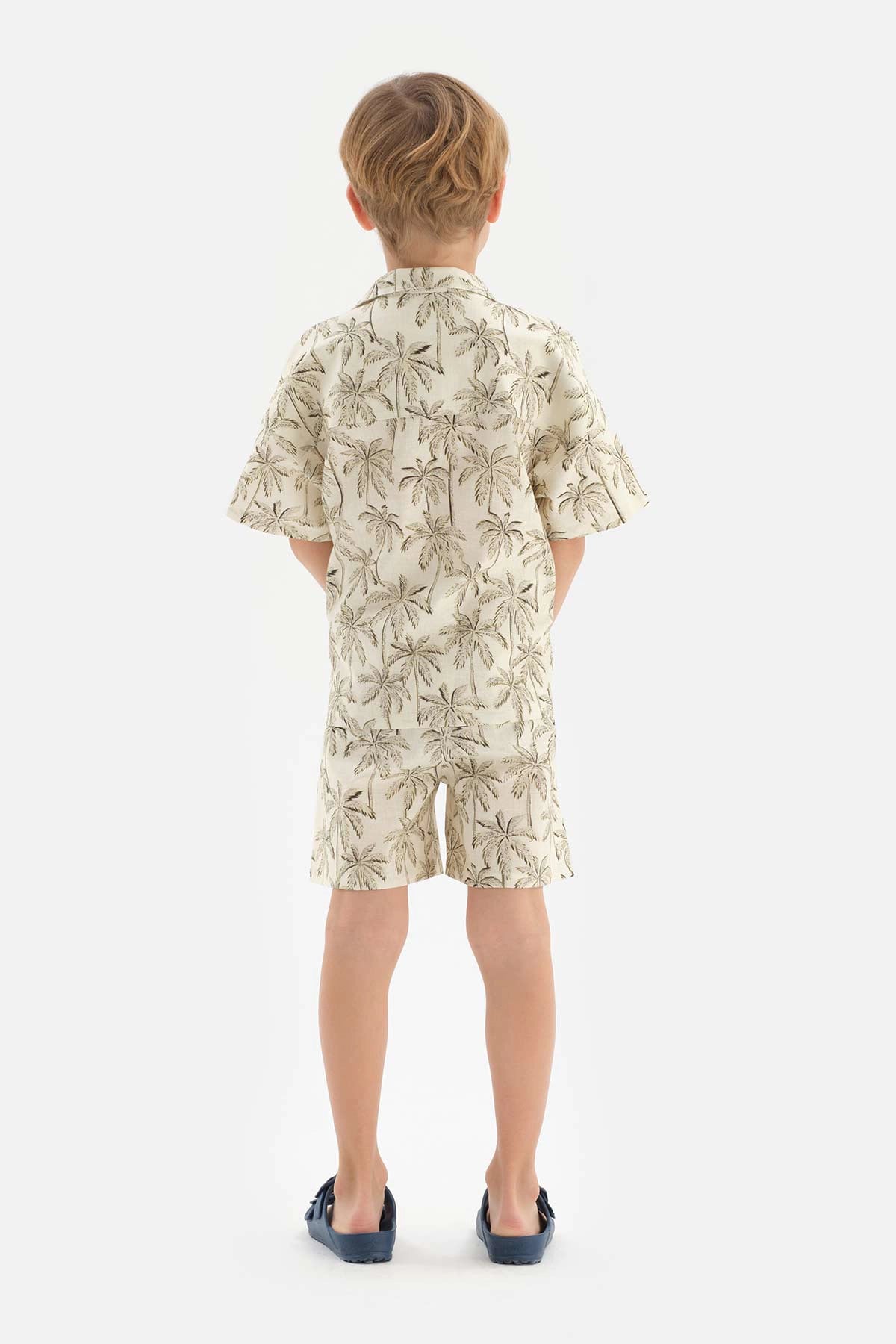 Bej Keten Palmiye Desenli Gömlek