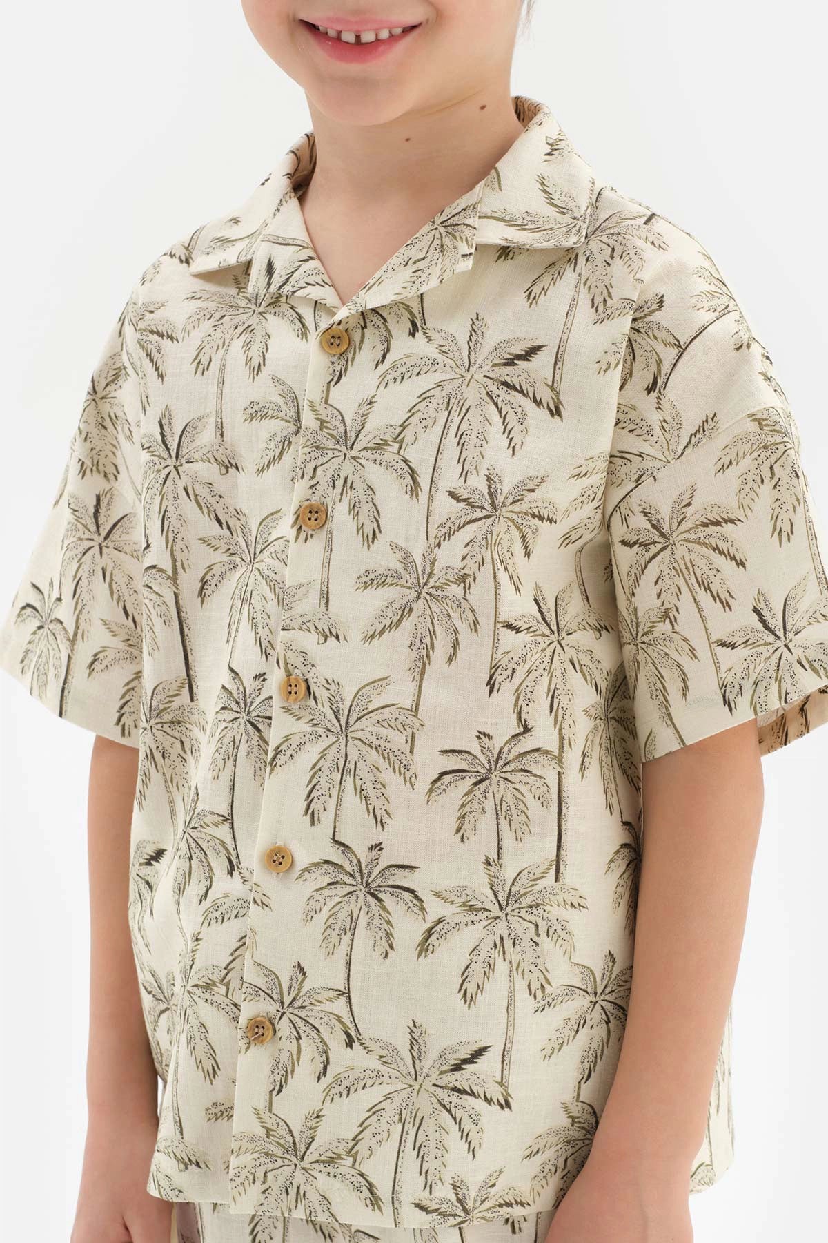 Bej Keten Palmiye Desenli Gömlek