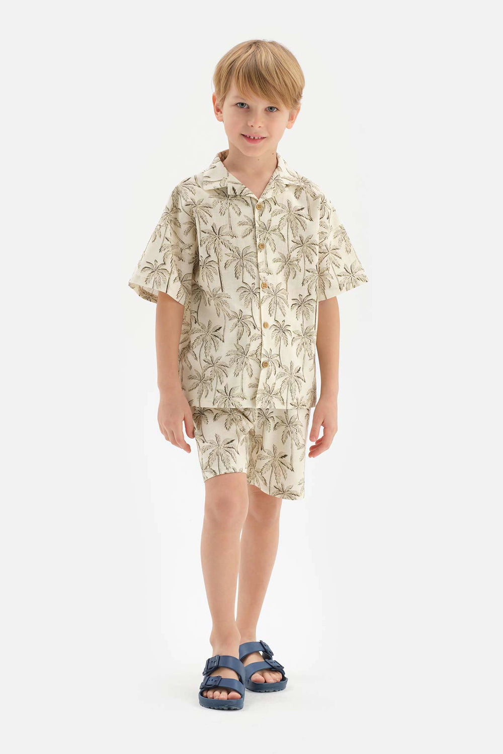 Bej Keten Palmiye Desenli Gömlek