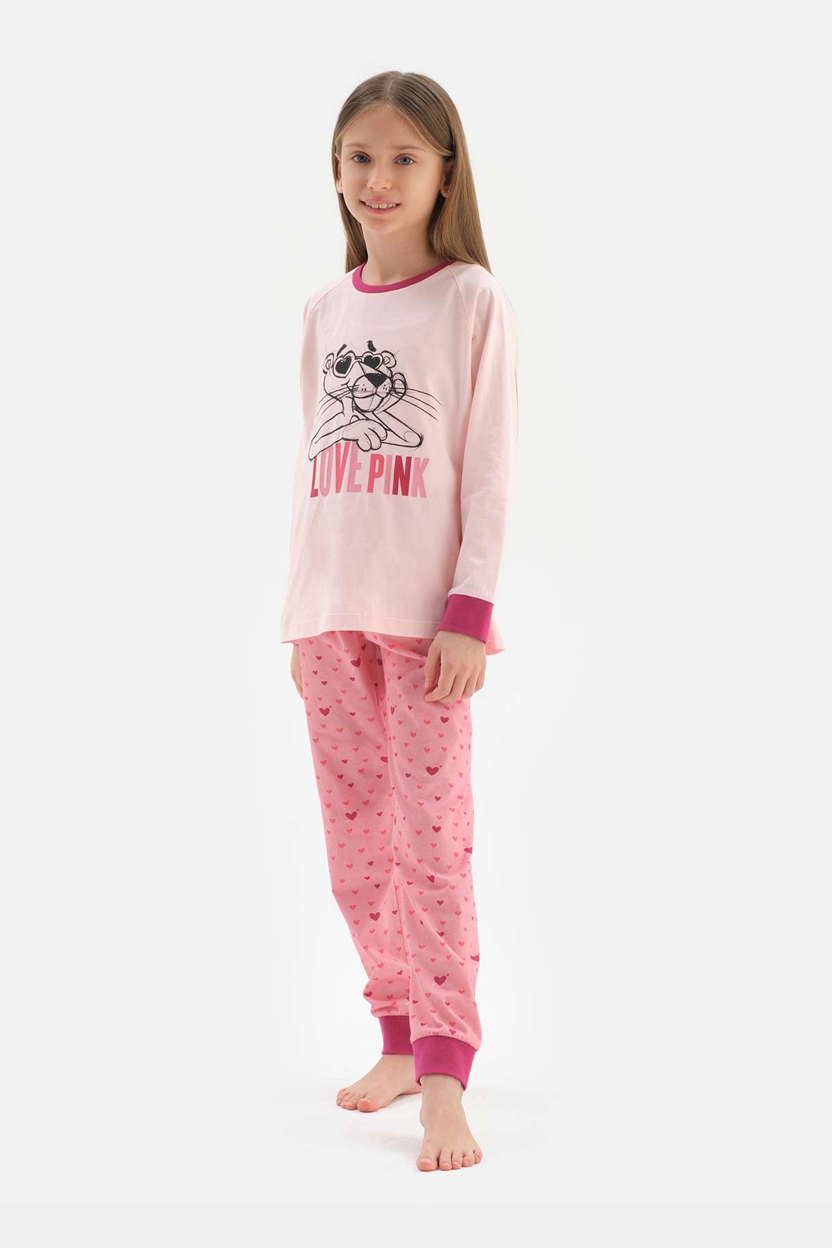 Pembe Kız Çocuk Lisans Baskılı Uzun Kollu Jogger Paçalı Pijama Takımı