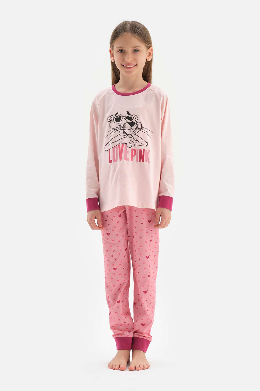 Pembe Kız Çocuk Lisans Baskılı Uzun Kollu Jogger Paçalı Pijama Takımı
