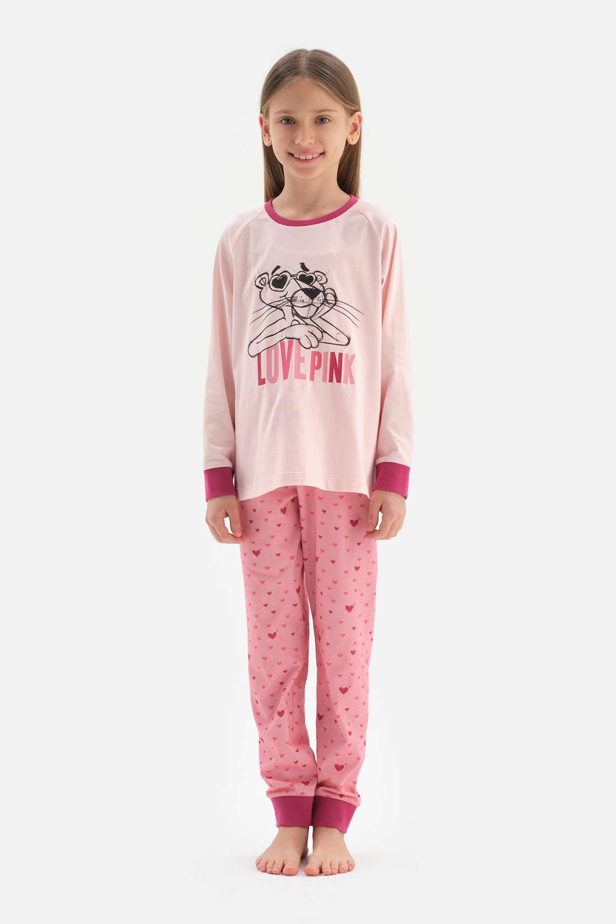 Pembe Kız Çocuk Lisans Baskılı Uzun Kollu Jogger Paçalı Pijama Takımı