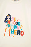 Ekru Wonder Woman Baskılı Kısa Kollu Tişört Pantolon Pijama Takımı