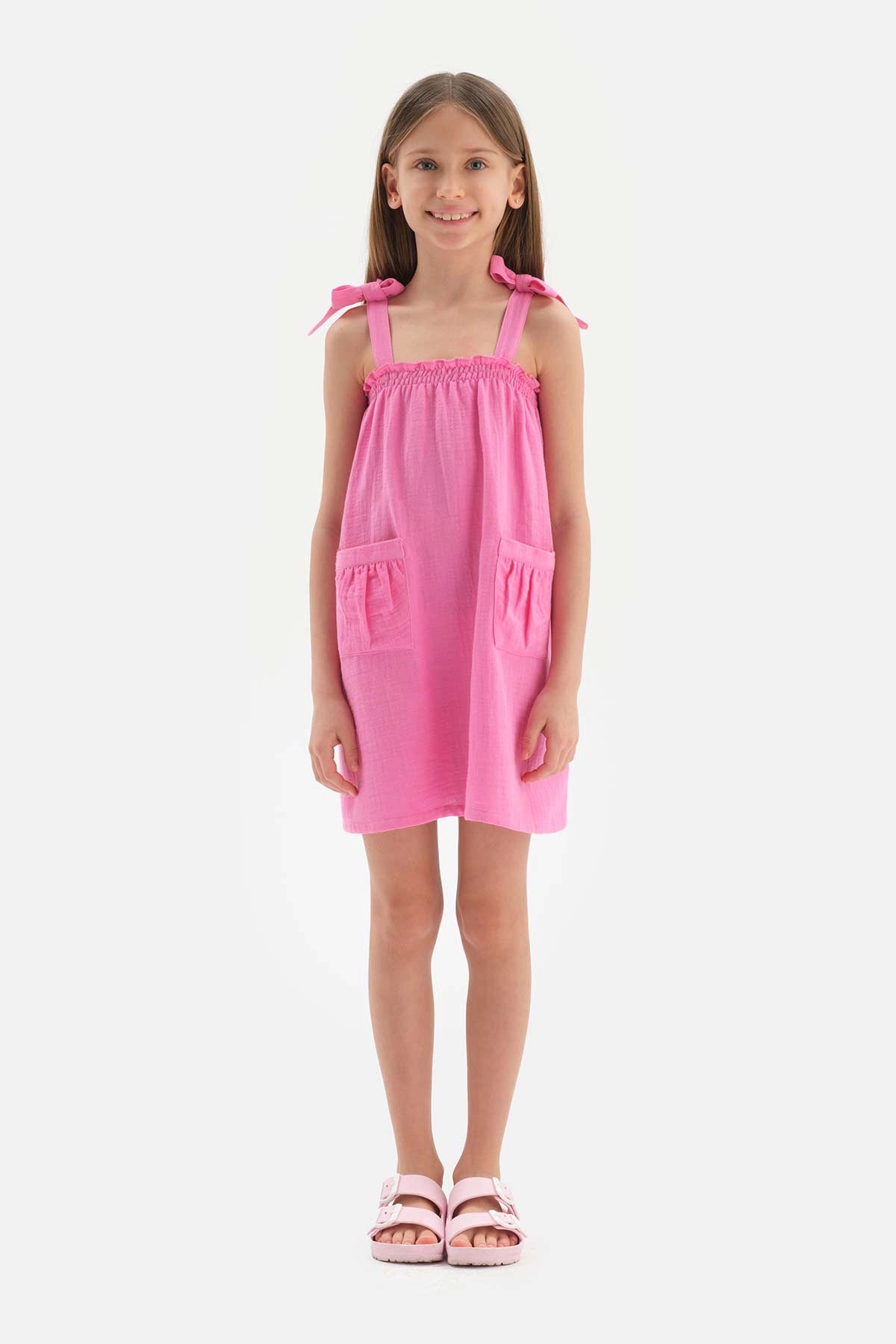 Fuşya Kız Çocuk Müslin Askılı Elbise