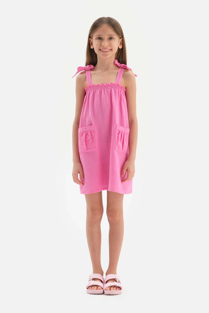Fuşya Kız Çocuk Müslin Askılı Elbise