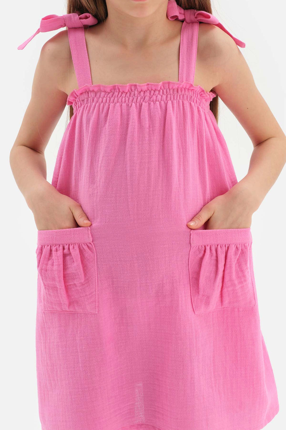 Fuşya Kız Çocuk Müslin Askılı Elbise