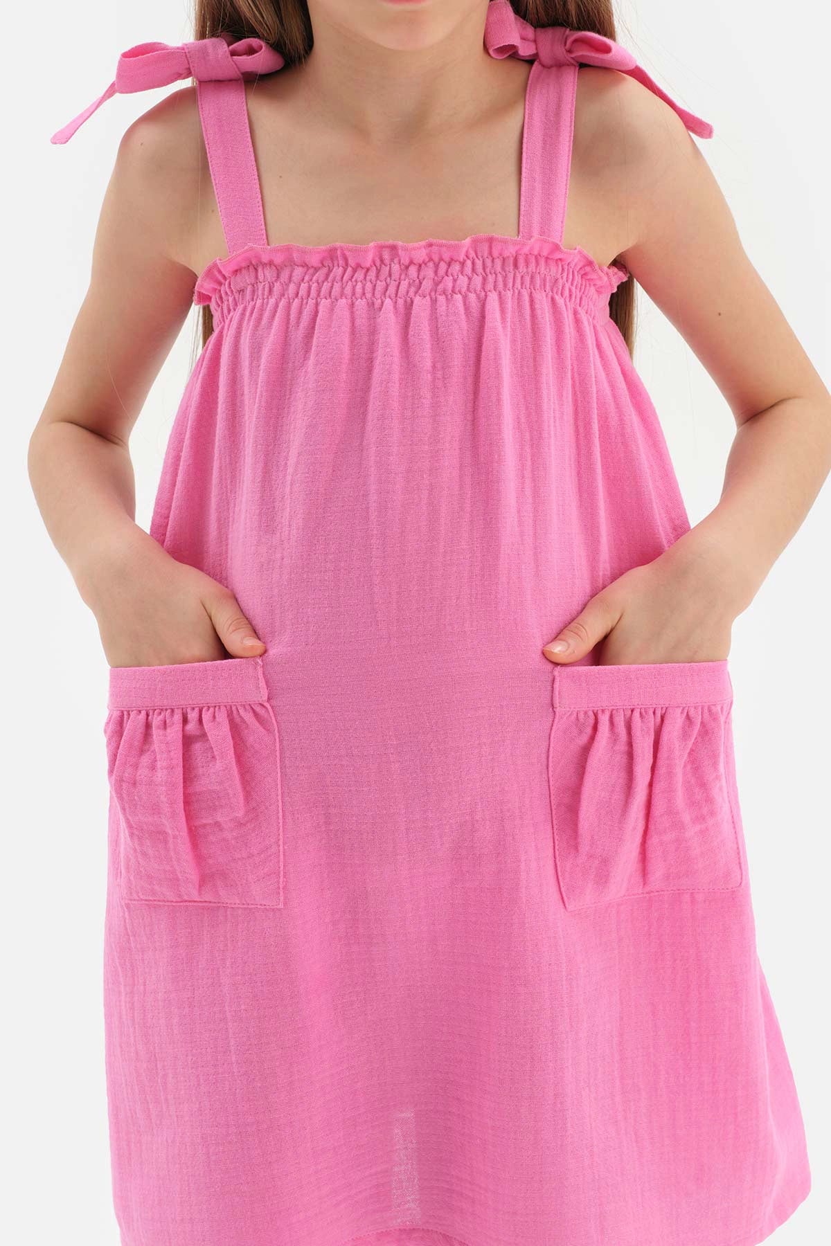 Fuşya Kız Çocuk Müslin Askılı Elbise