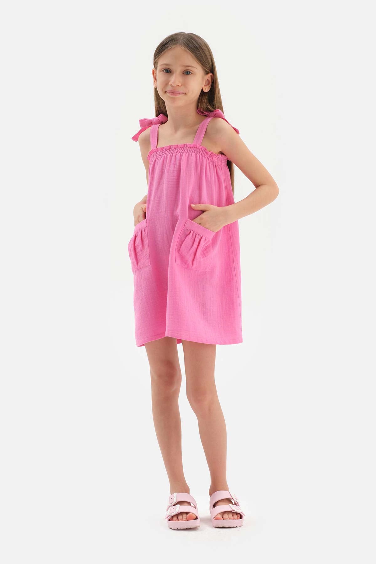 Fuşya Kız Çocuk Müslin Askılı Elbise