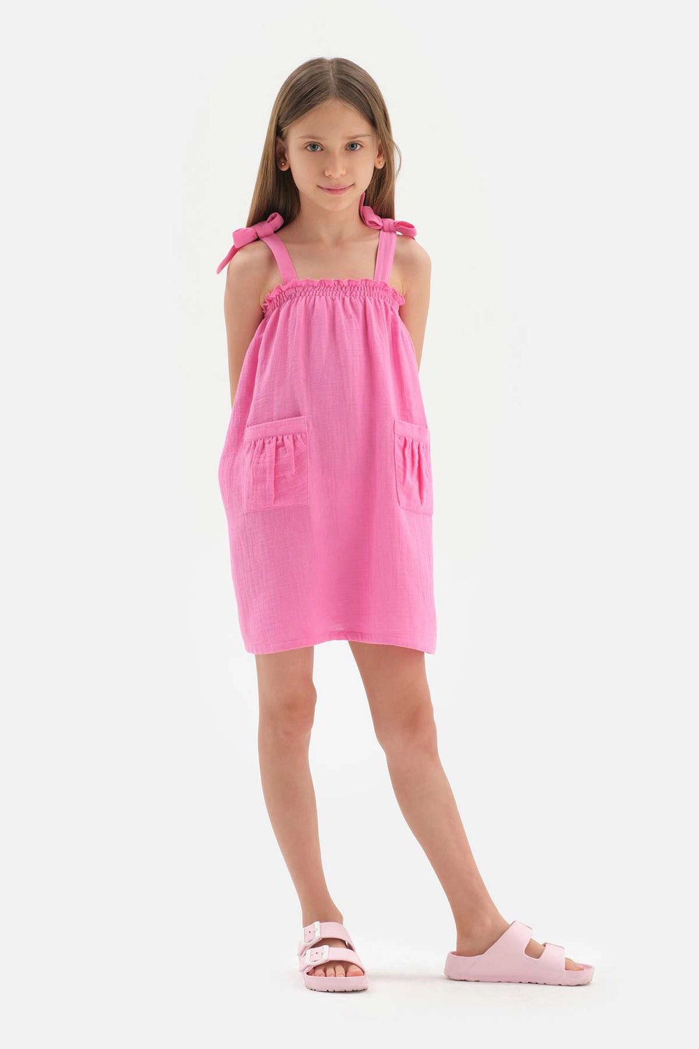 Fuşya Kız Çocuk Müslin Askılı Elbise