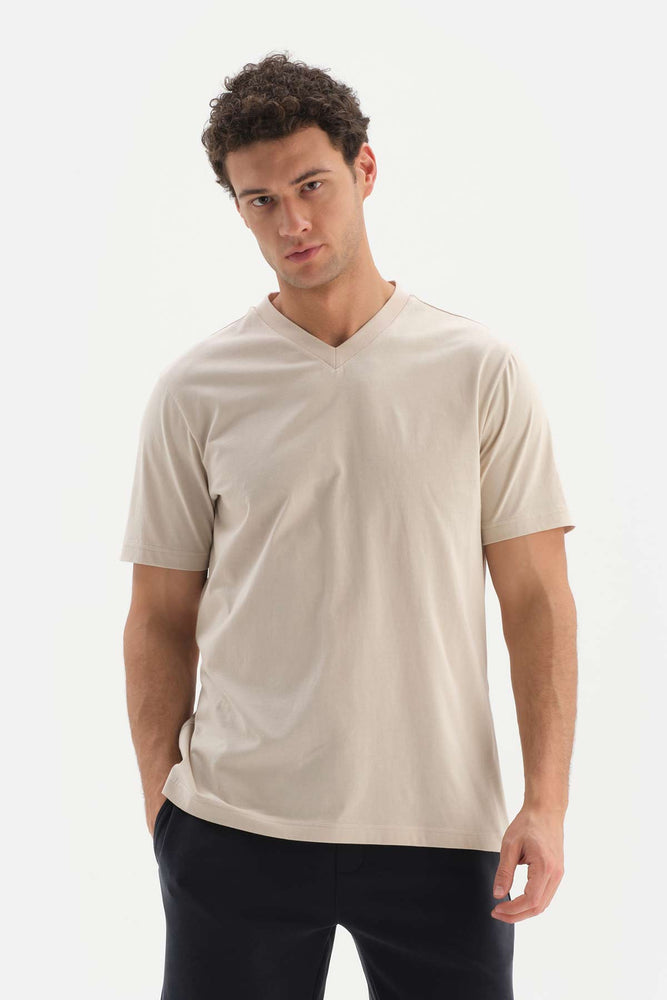 Bej V Yaka Basic Supima T-Shirt