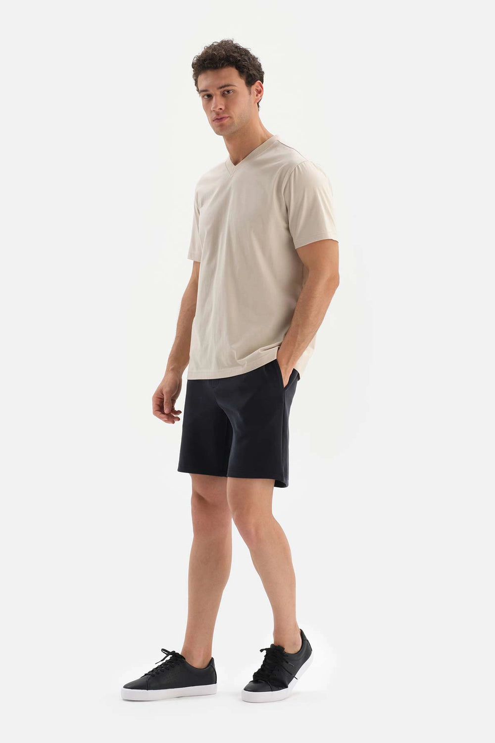 Bej V Yaka Basic Supima T-Shirt