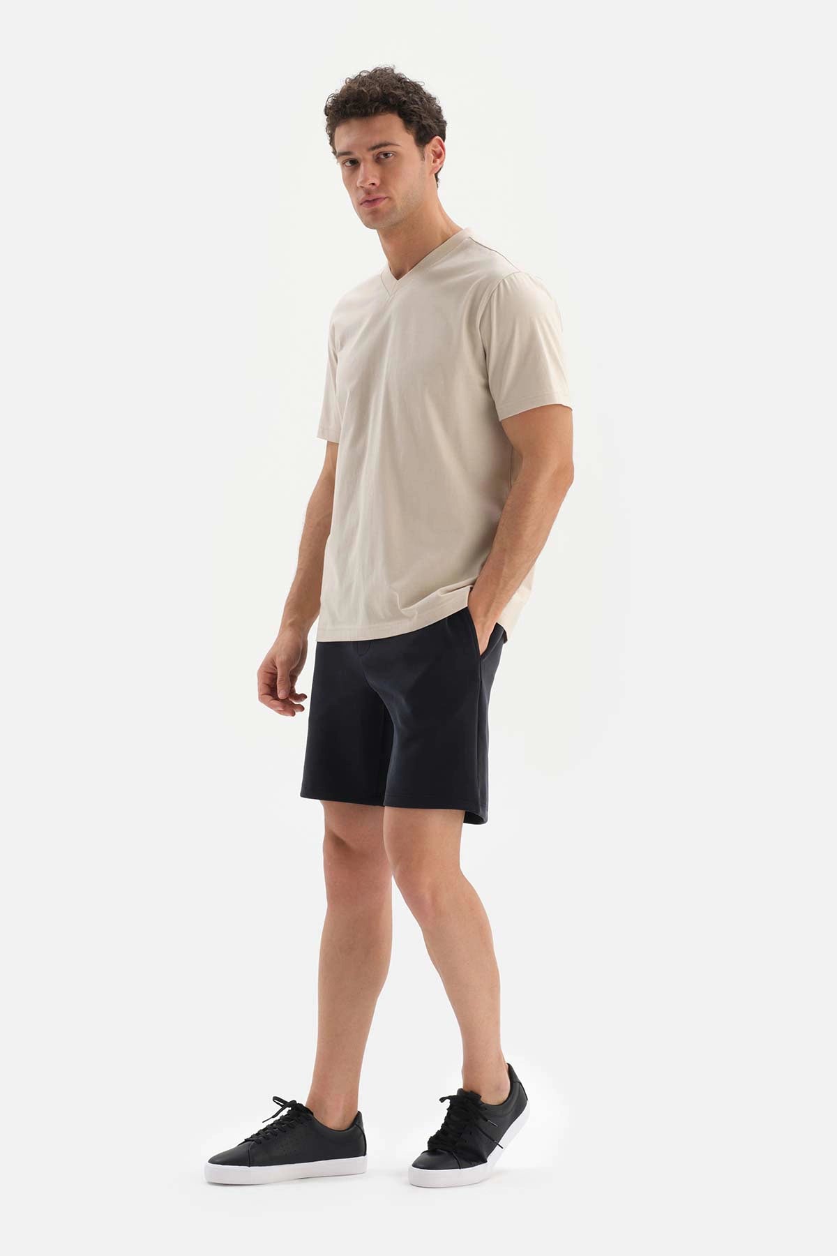 Bej V Yaka Basic Supima T-Shirt