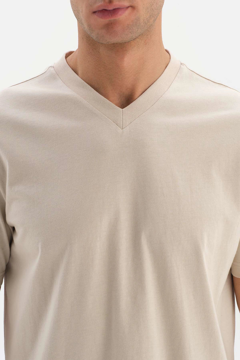 Bej V Yaka Basic Supima T-Shirt