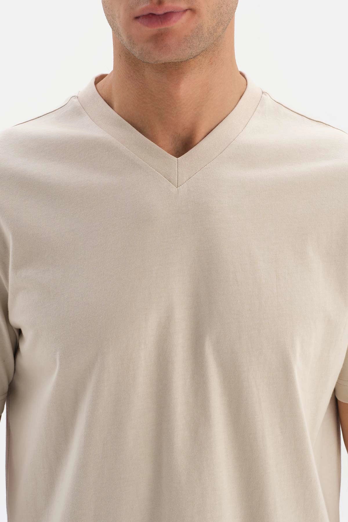Bej V Yaka Basic Supima T-Shirt