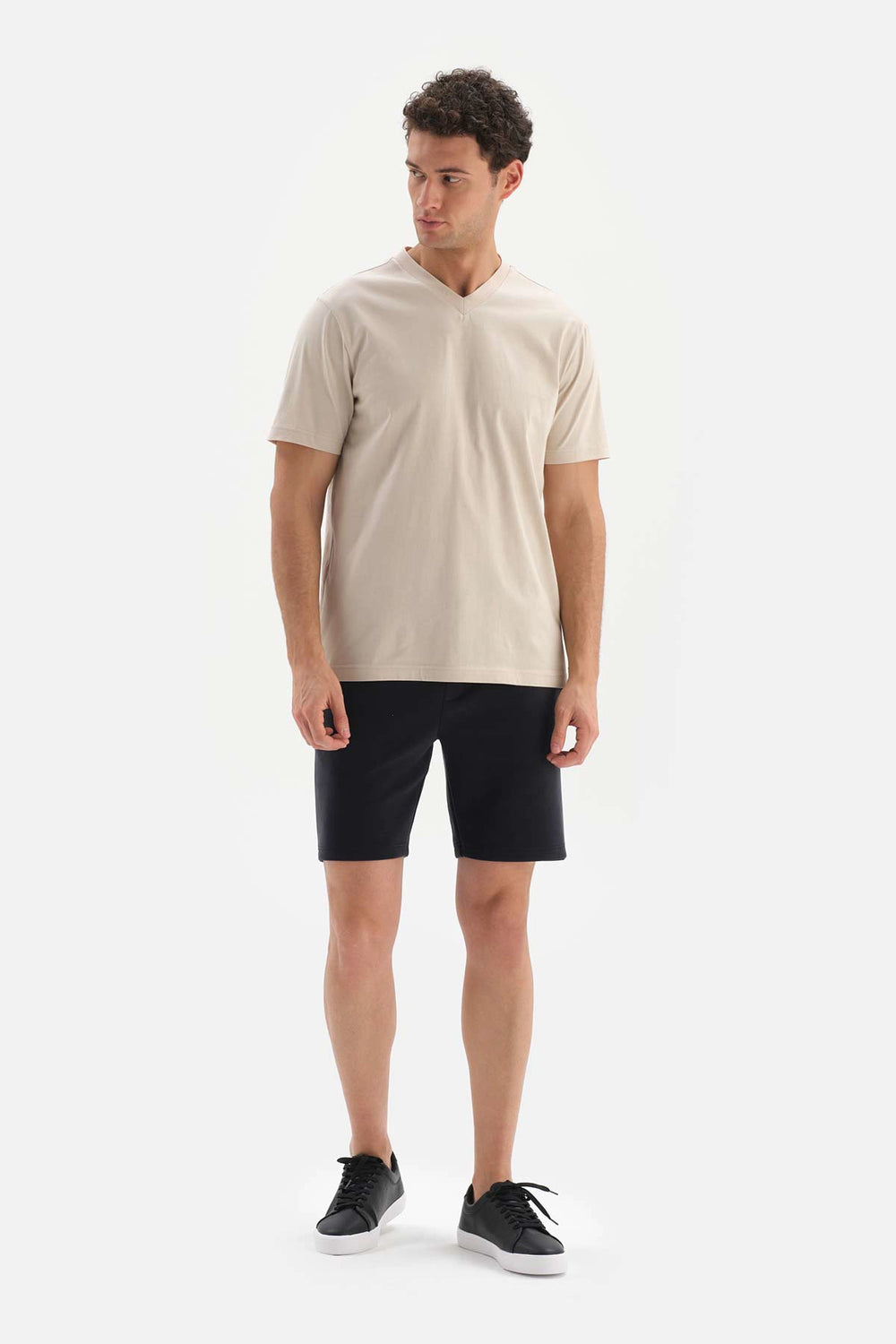 Bej V Yaka Basic Supima T-Shirt