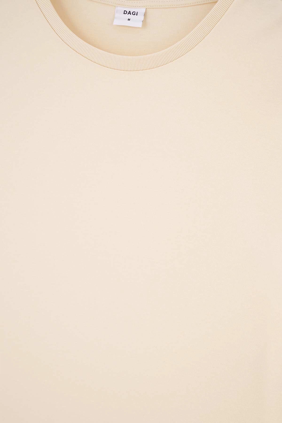 Ekru Bisiklet Yaka Interlok Pamuklu Kısa Kollu Tişört