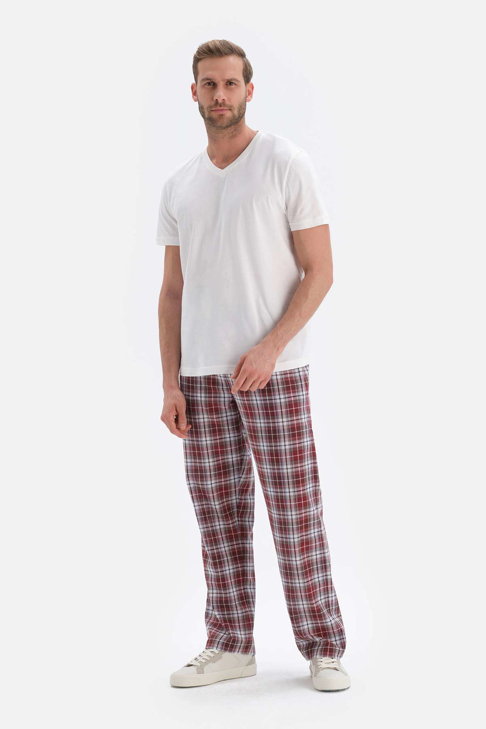 Bordo Ekoseli Dokuma Pijama Altı
