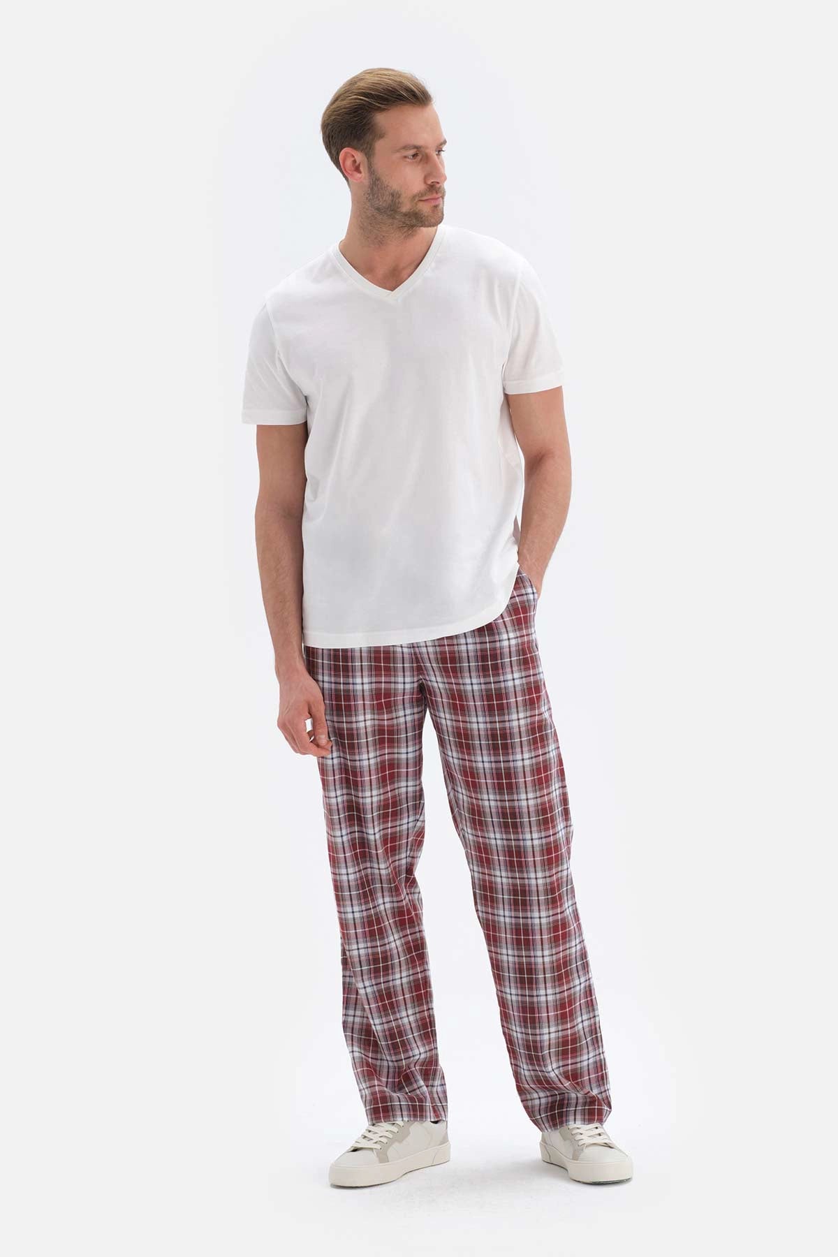 Bordo Ekoseli Dokuma Pijama Altı