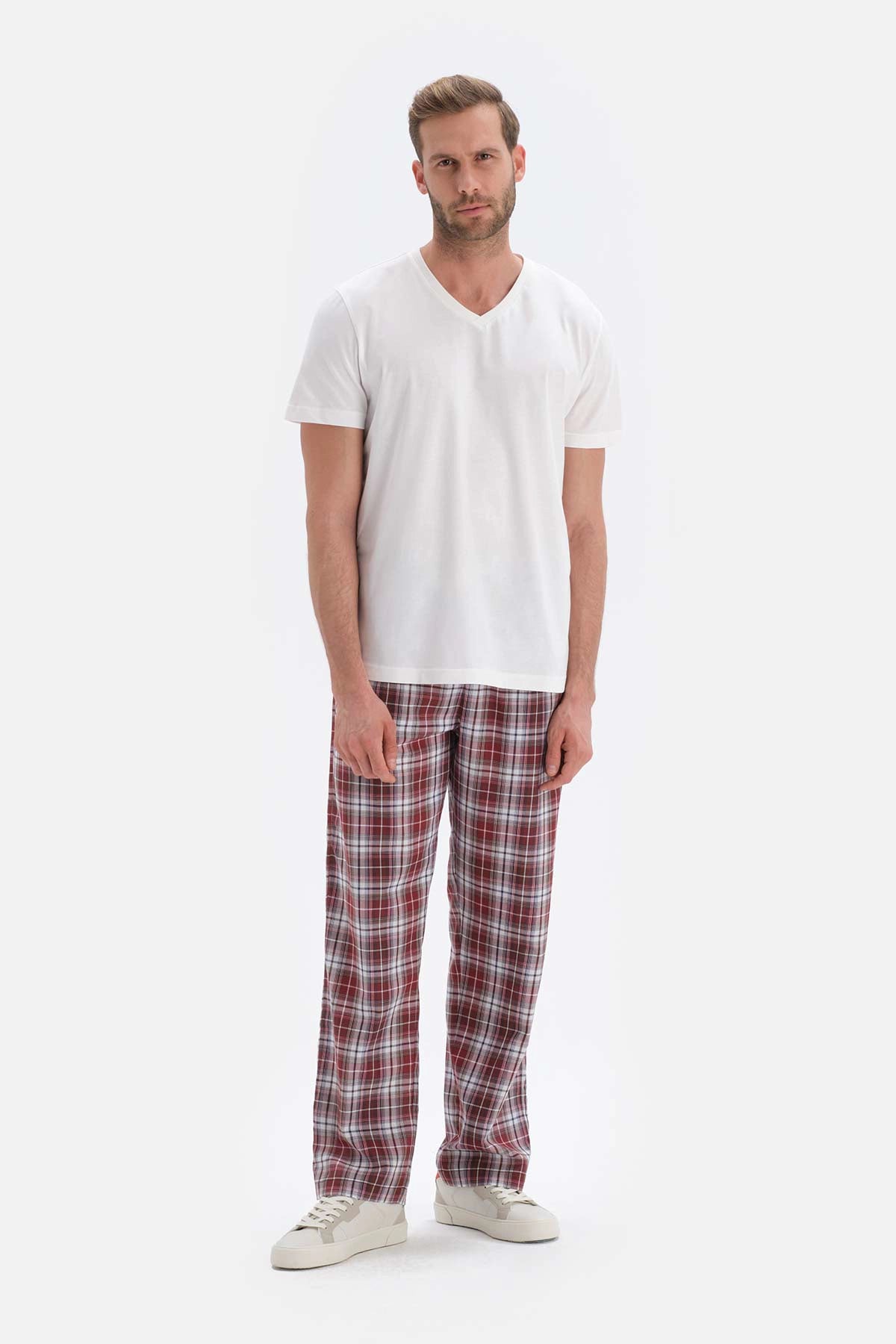 Bordo Ekoseli Dokuma Pijama Altı