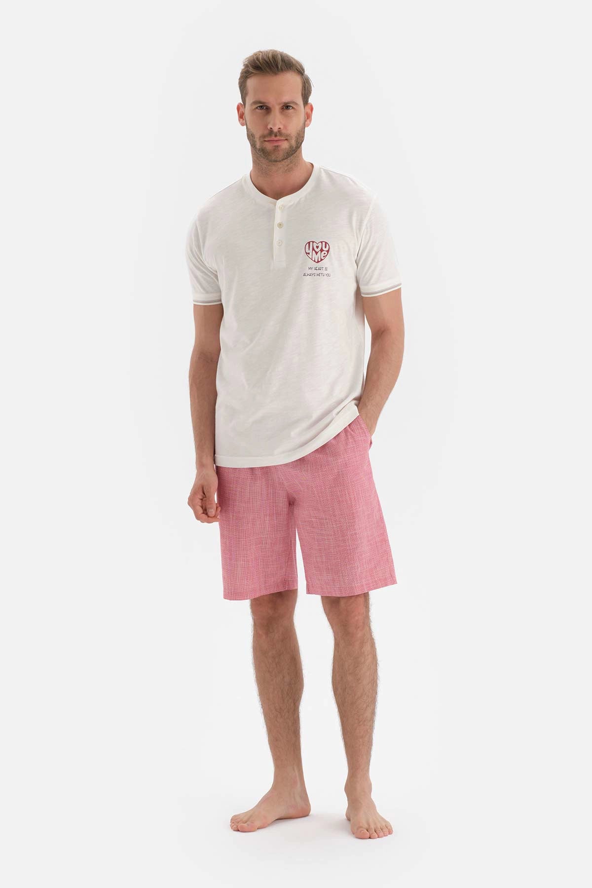 Ekru Baskılı Kısa Kol Pamuklu Şortlu Pijama Takımı