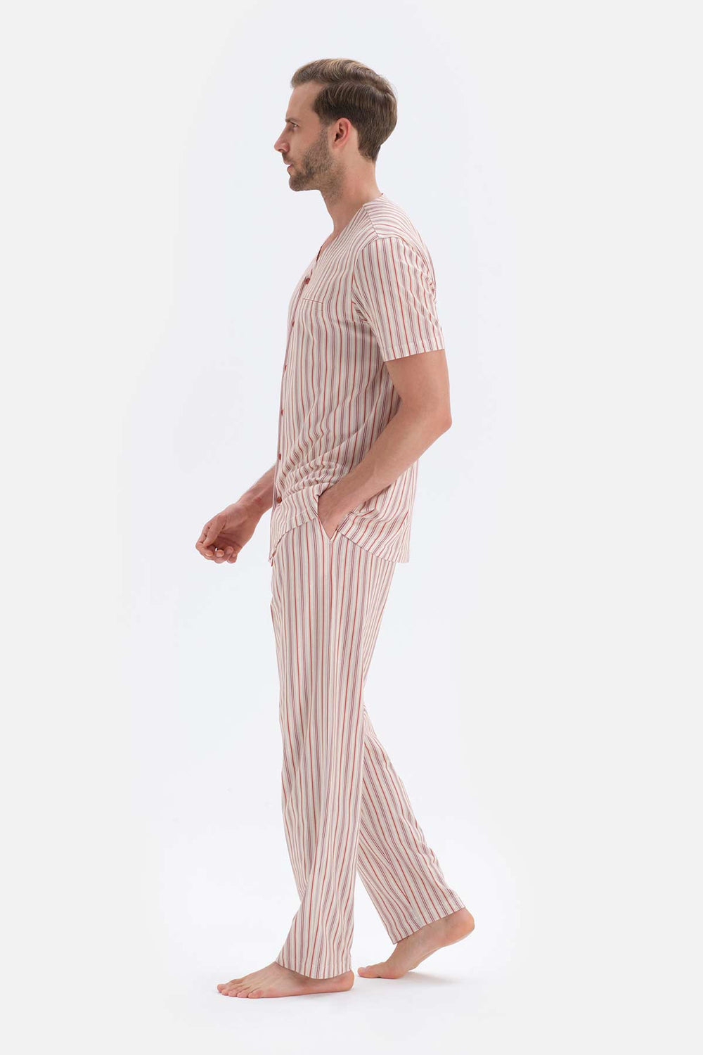 Ekru Çizgili Kısa Kol V Yaka Pamuklu Pijama Takımı