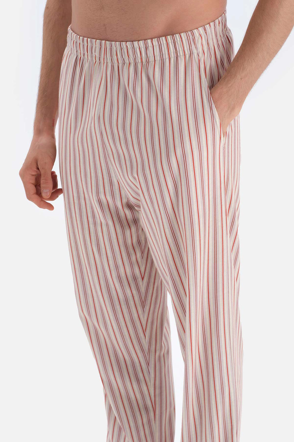 Ekru Çizgili Kısa Kol V Yaka Pamuklu Pijama Takımı