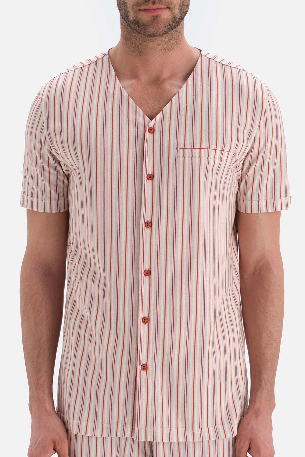 Ekru Çizgili Kısa Kol V Yaka Pamuklu Pijama Takımı