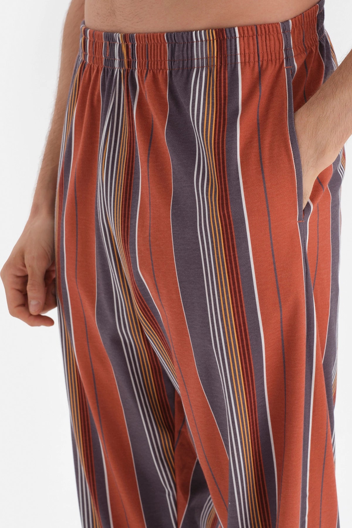 Bordo Gömlek Yaka Çizgili Örme Pijama Takım