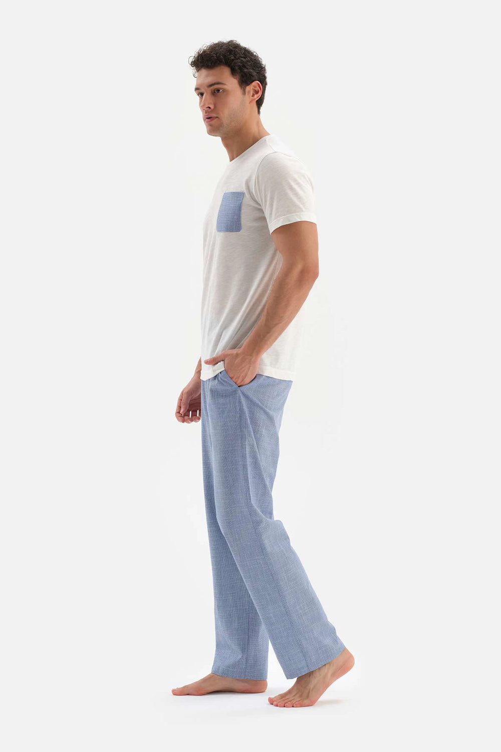 Beyaz Kısa Kol Cep Garnili Pamuklu Pijama Takımı