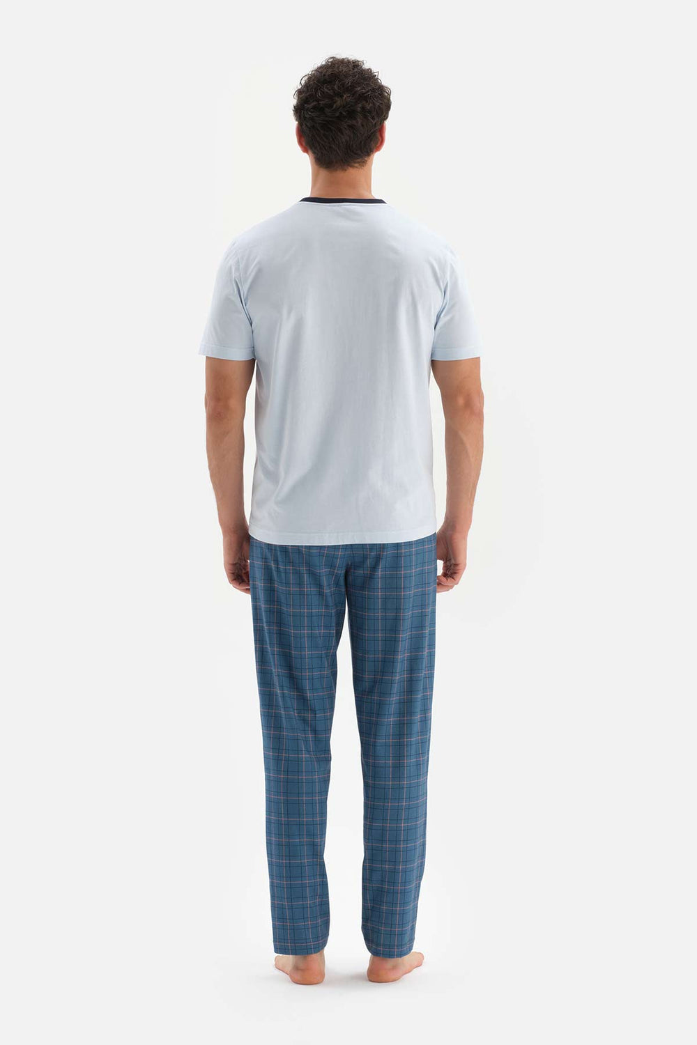Açıkmavi Ekoseli Kısa Kol Pamuklu Pijama Takımı