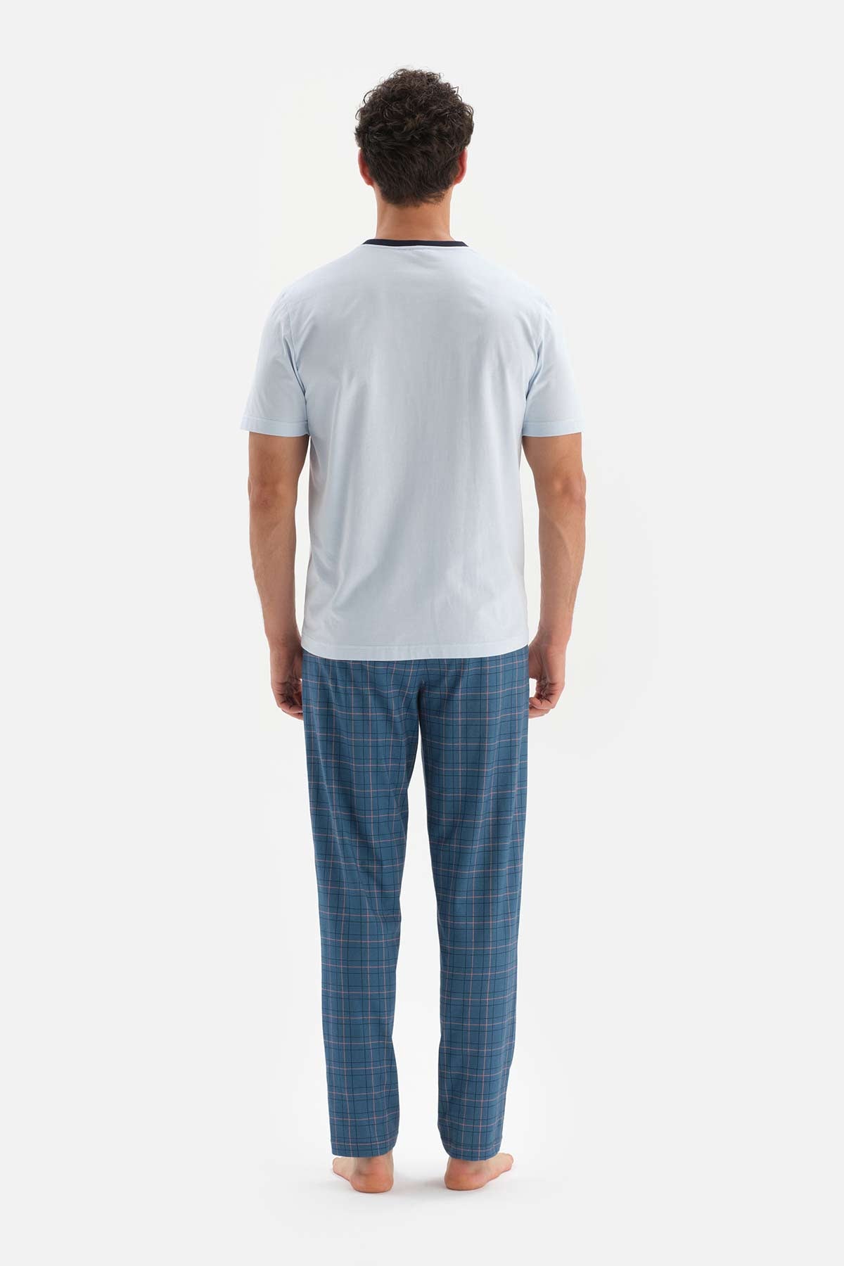 Açıkmavi Ekoseli Kısa Kol Pamuklu Pijama Takımı