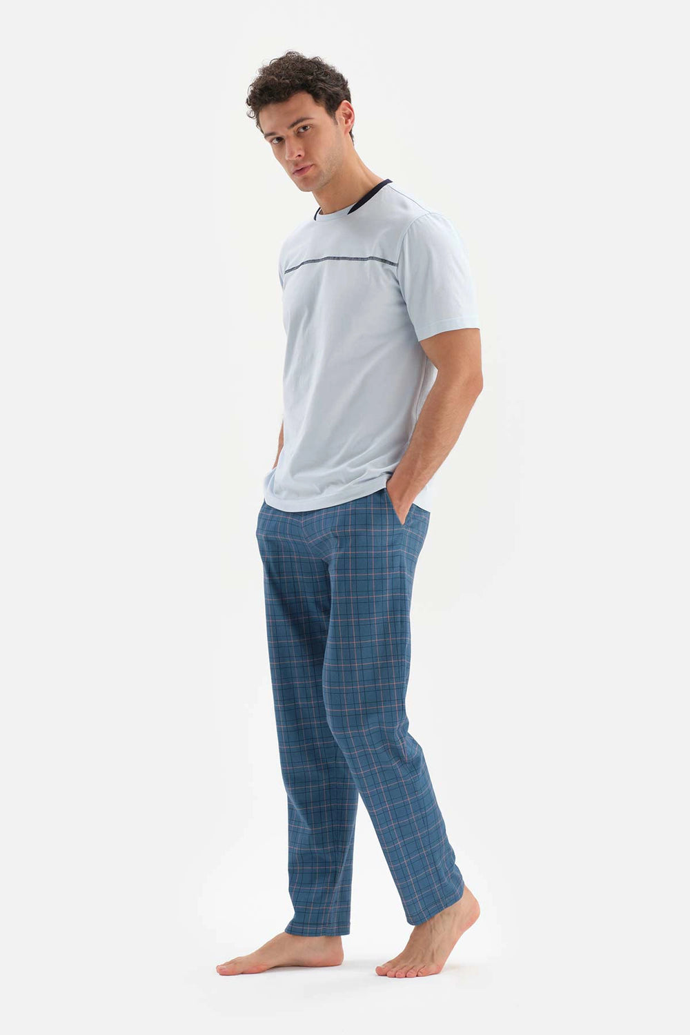 Açıkmavi Ekoseli Kısa Kol Pamuklu Pijama Takımı