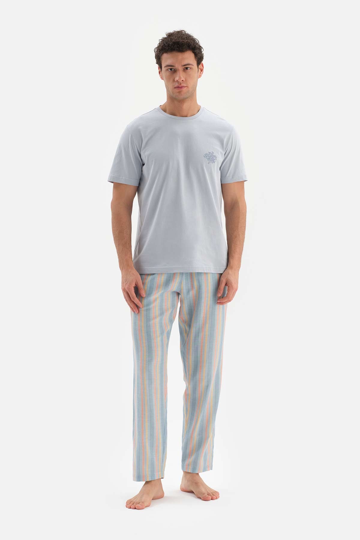 Açıkmavi Çizgili Kısa Kol Pamuklu Pijama Takımı