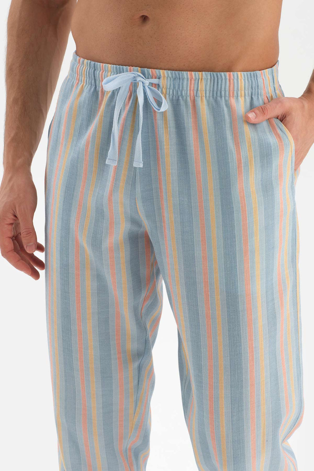 Açıkmavi Çizgili Kısa Kol Pamuklu Pijama Takımı
