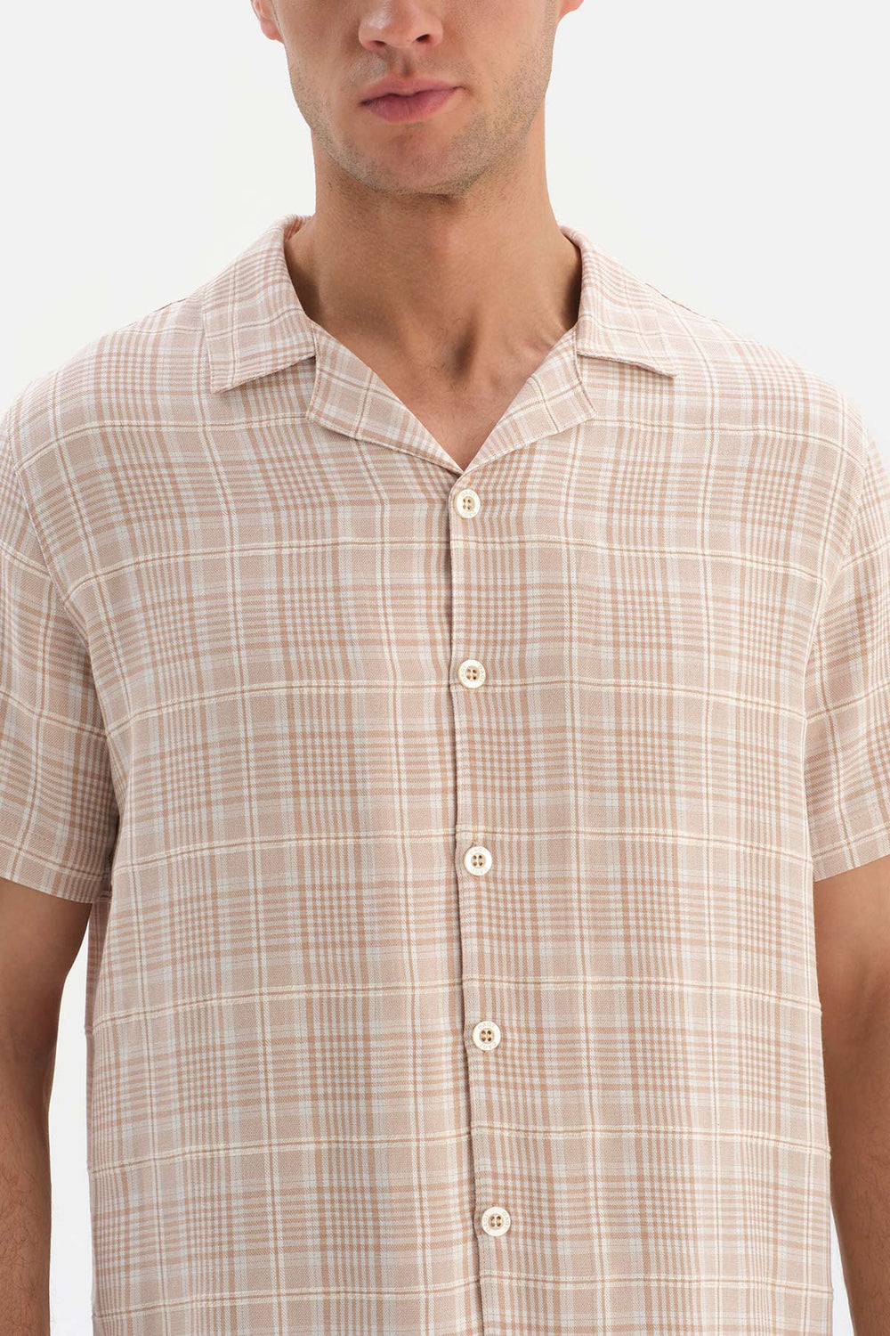 Bej Gömlek Yaka Ekoseli Dokuma Pijama Takımı