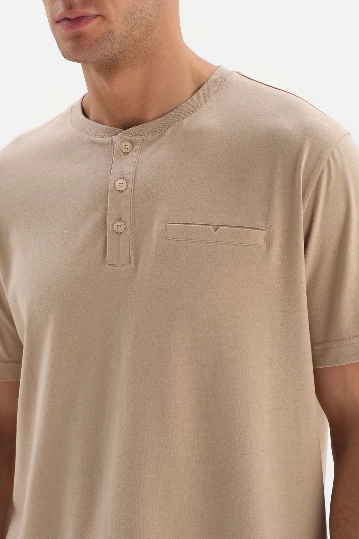 Bej Yarım Patlı Çizgili Alt Örme Pijama Takımı