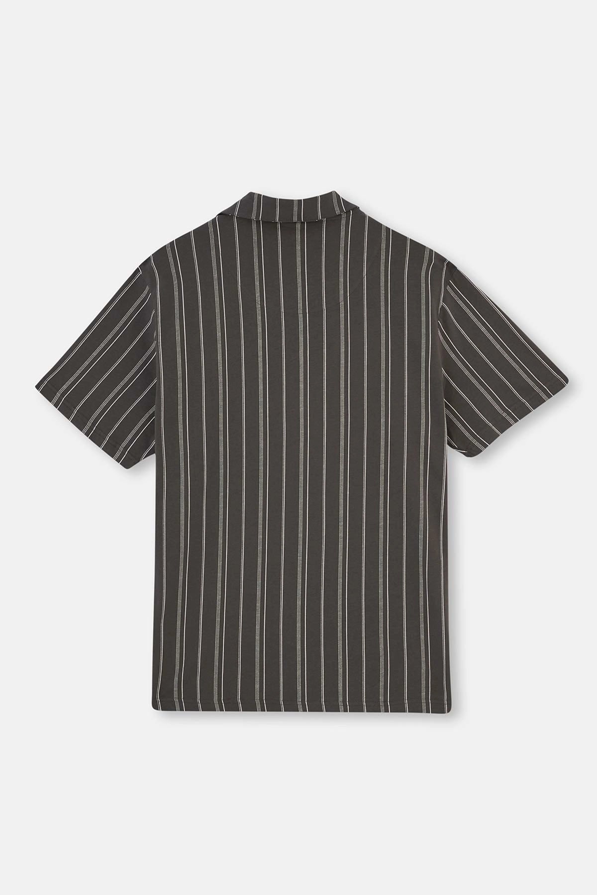 Antrasit Gömlek Yaka Çizgili Örme Pijama Takım