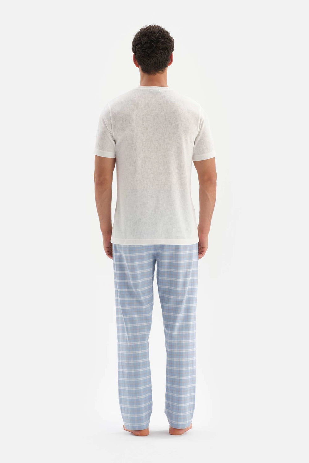 Ekru Bisiklet Yaka Kısa Kollu Altı Dokuma Pijama Takımı