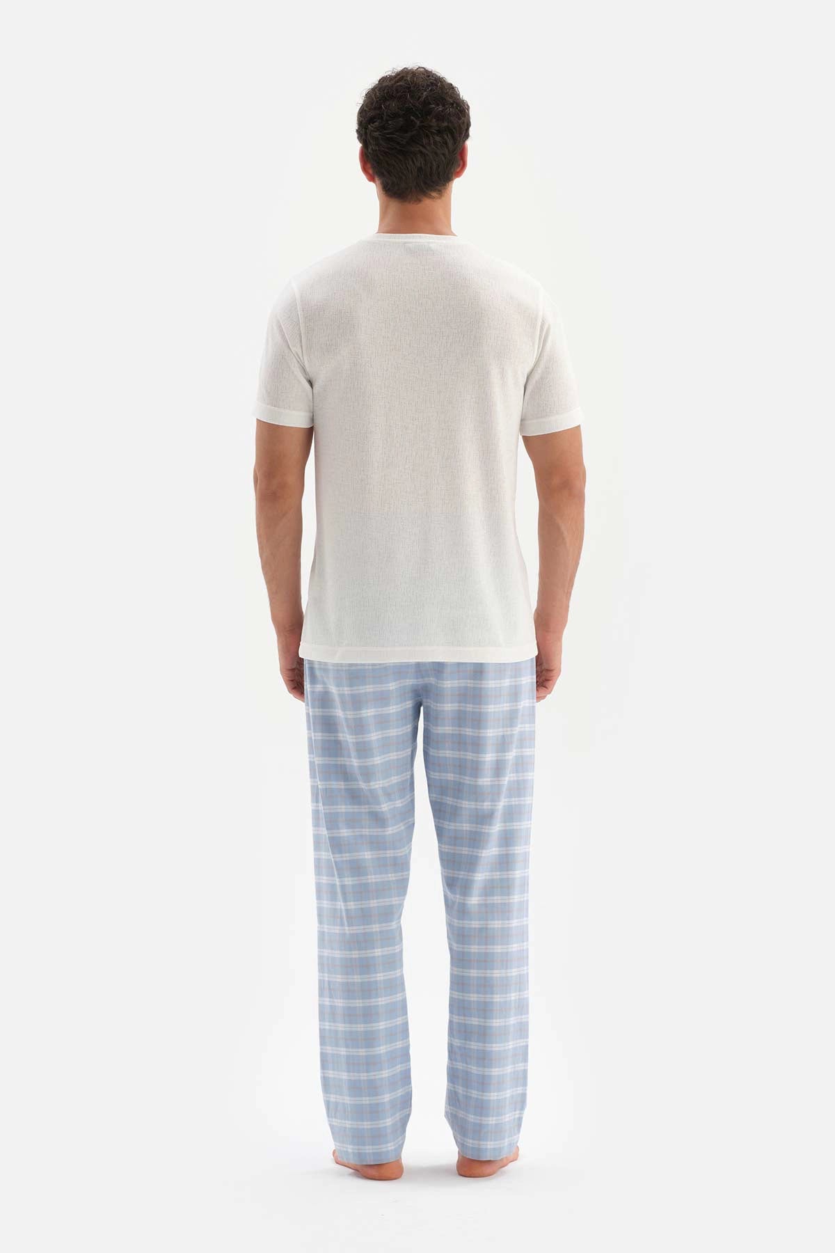 Ekru Bisiklet Yaka Kısa Kollu Altı Dokuma Pijama Takımı