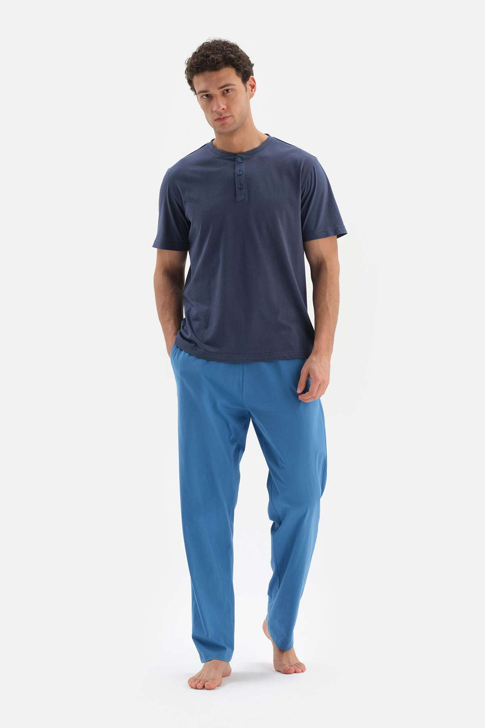 Lacivert Yarım Patlı Kısa Kollu Pamuk Modal Pijama Takımı