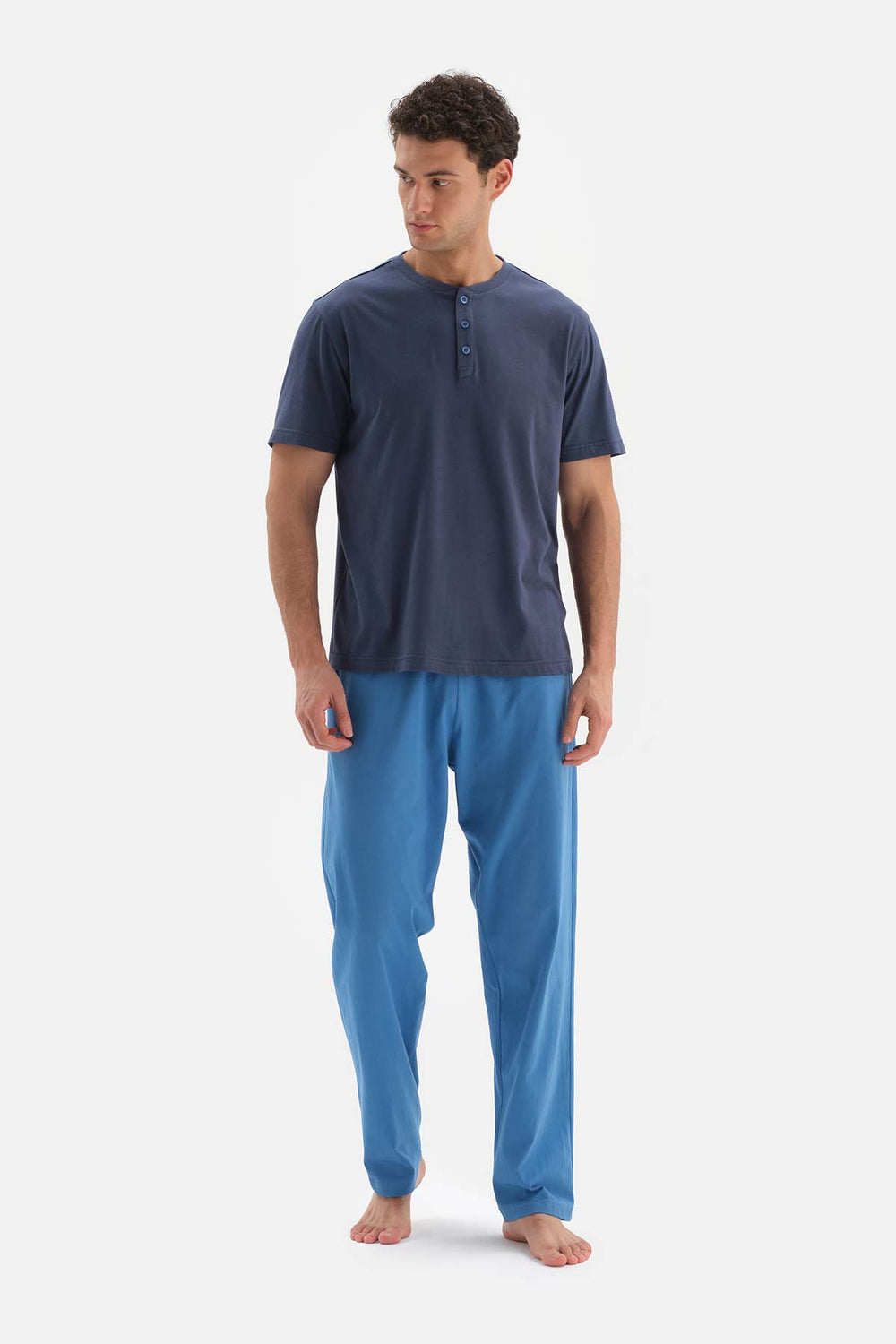Lacivert Yarım Patlı Kısa Kollu Pamuk Modal Pijama Takımı