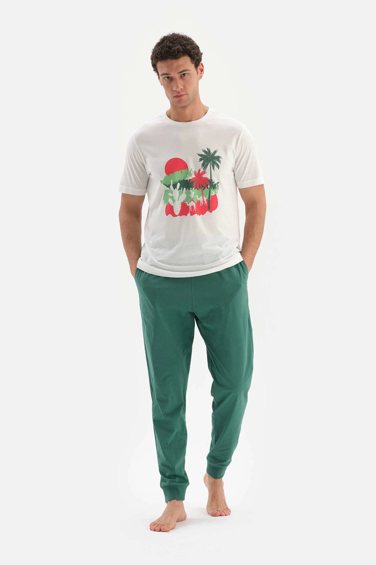 Ekru Bisiklet Yaka Baskılı Modal Pijama Takımı