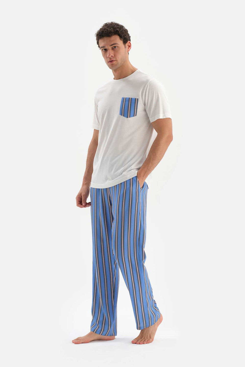 Ekru Bisiklet Yaka Kısa Kollu Altı Dokuma Pijama Takımı