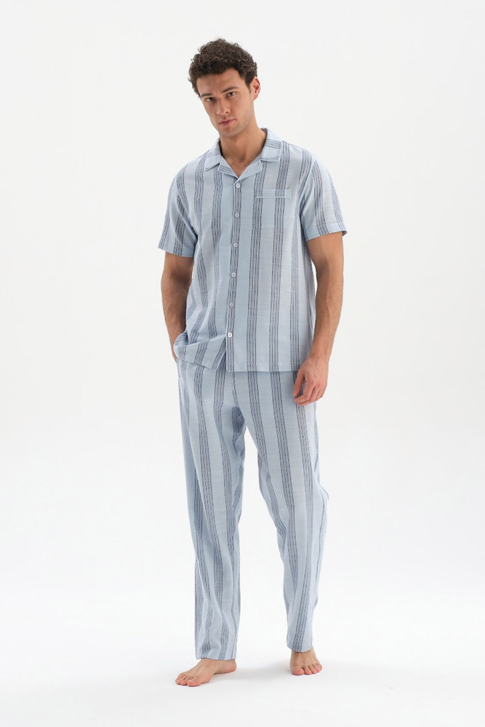 Açıkmavi Çizgili Dokuma Pijama Altı