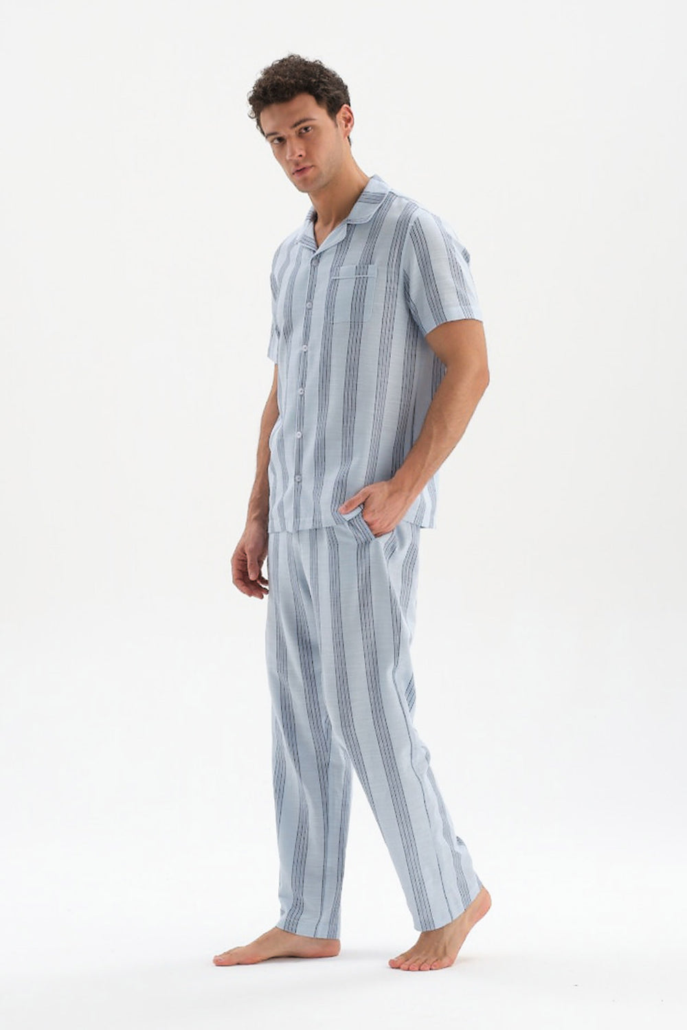 Açıkmavi Çizgili Dokuma Gömlek Pijama Üstü