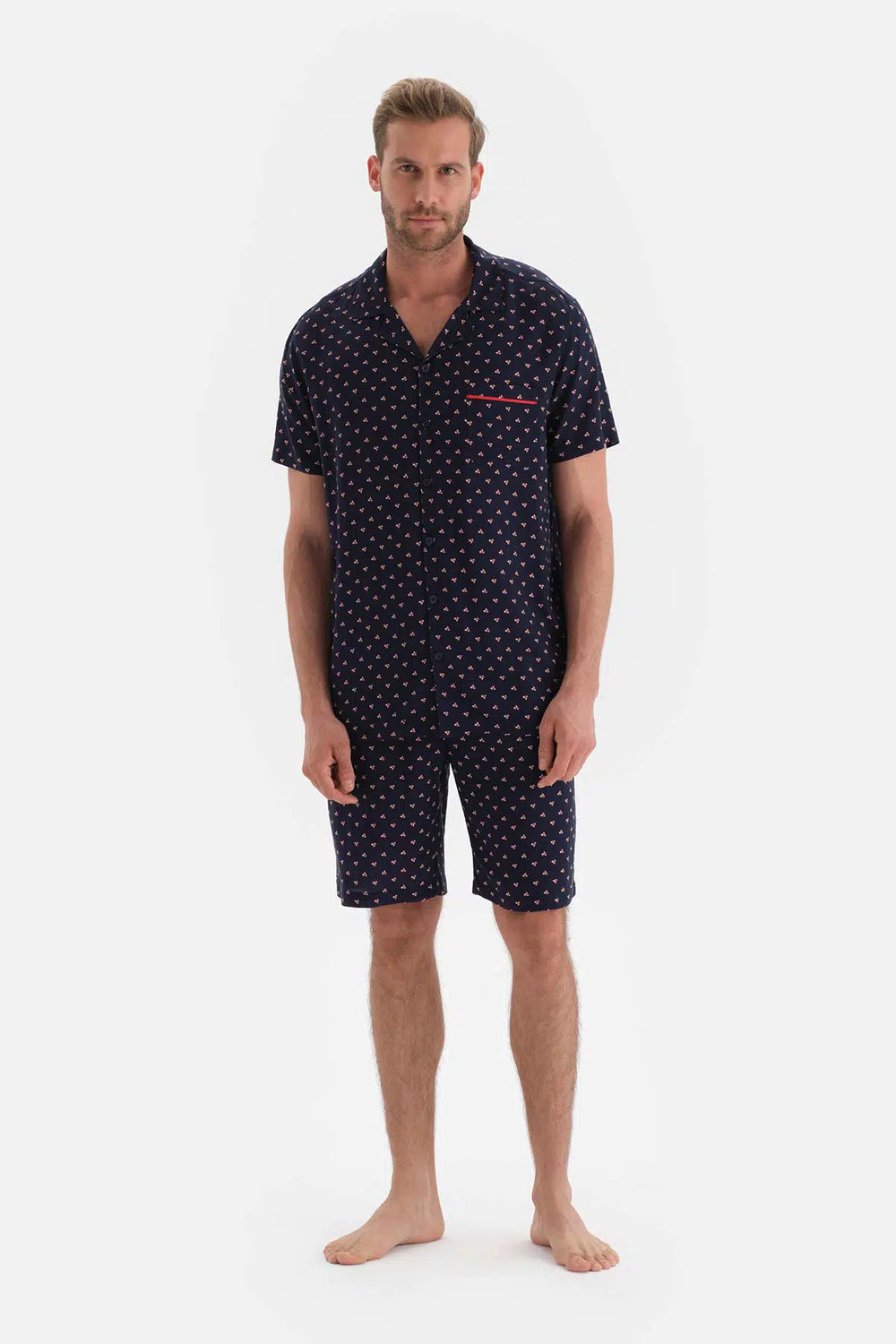 Lacivert Kısa Kol Gömlek Yaka Viskon Pijama Üstü